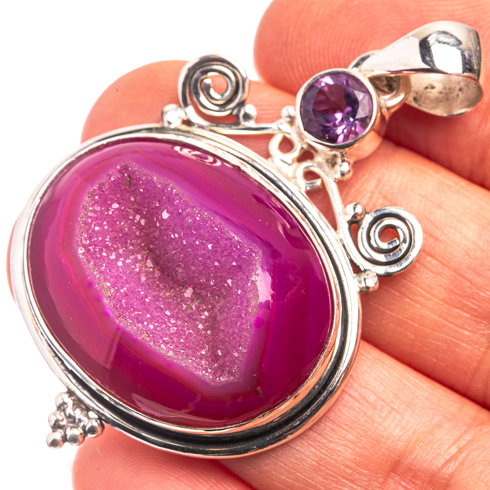 Pink Agate Druzy, Amethyst Pendant 1 7/8" (925 Sterling Silver) P38815