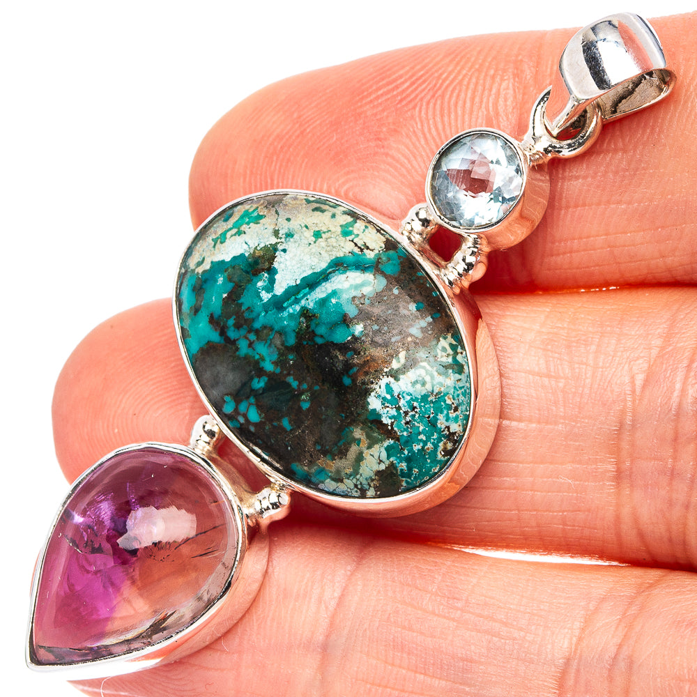 Premium Tibetan Turquoise, Ametrine, Blue Topaz Pendant 2 1/8" (.925 Sterling Silver)