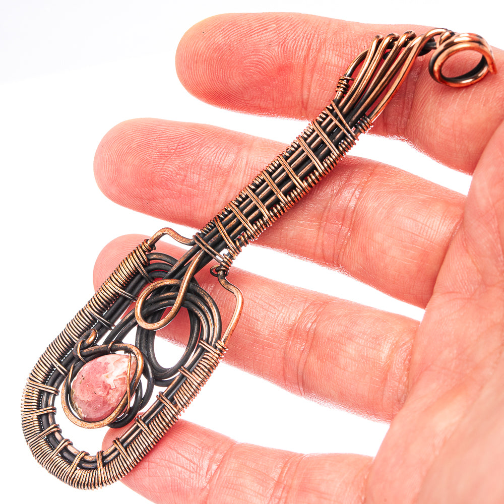 Rhodochrosite Wire Wrap Pendant 3 7/8" (Oxidized Copper)
