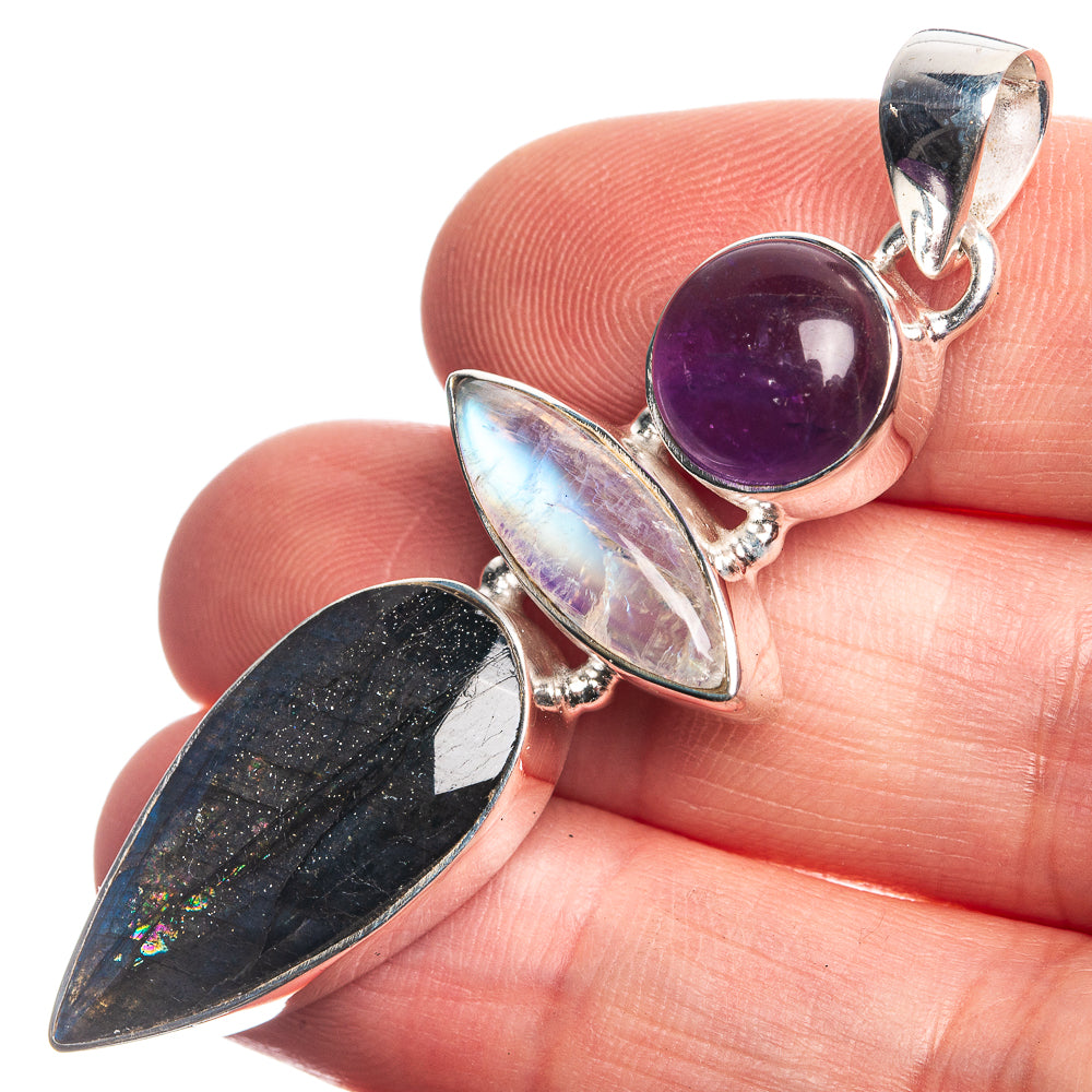 Labradorite, Rainbow Moonstone, Amethyst 925 Sterling Silver Pendant 2 1//4"