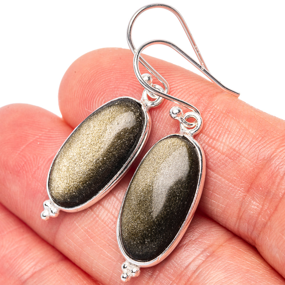 Gold Sheen Obsidian 925 Sterling Silver Earrings 1 1/2" (925 Sterling Silver) E1434