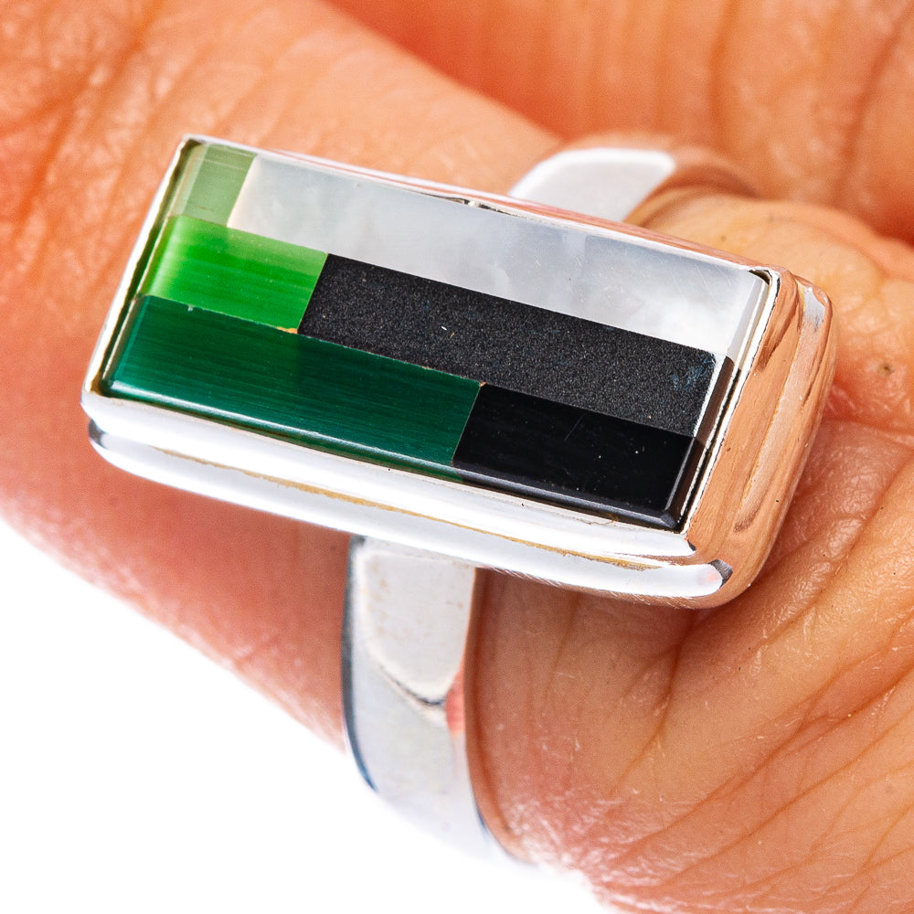 Green Onyx, Black Onyx, Rainbow Moonstone Composite Ring Size 6.25 (925 Sterling Silver) R146602