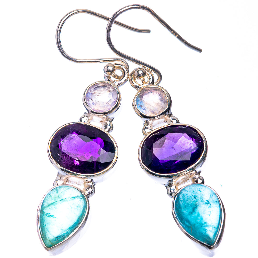 Aquamarine, Amethyst, Rainbow Moonstone Earrings 1 3/4" (925 Sterling Silver) E432604