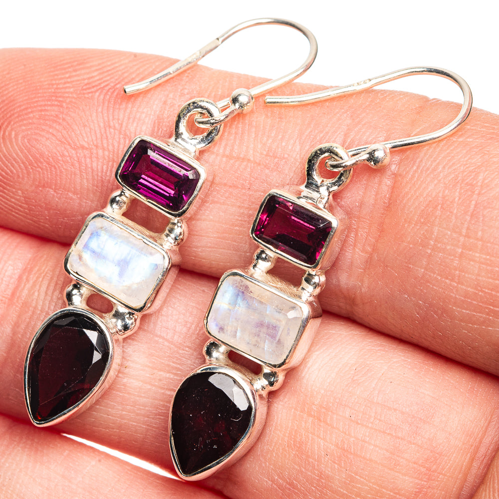 Garnet, Rainbow Moonstone Earrings 1 5/8" (925 Sterling Silver) E432658