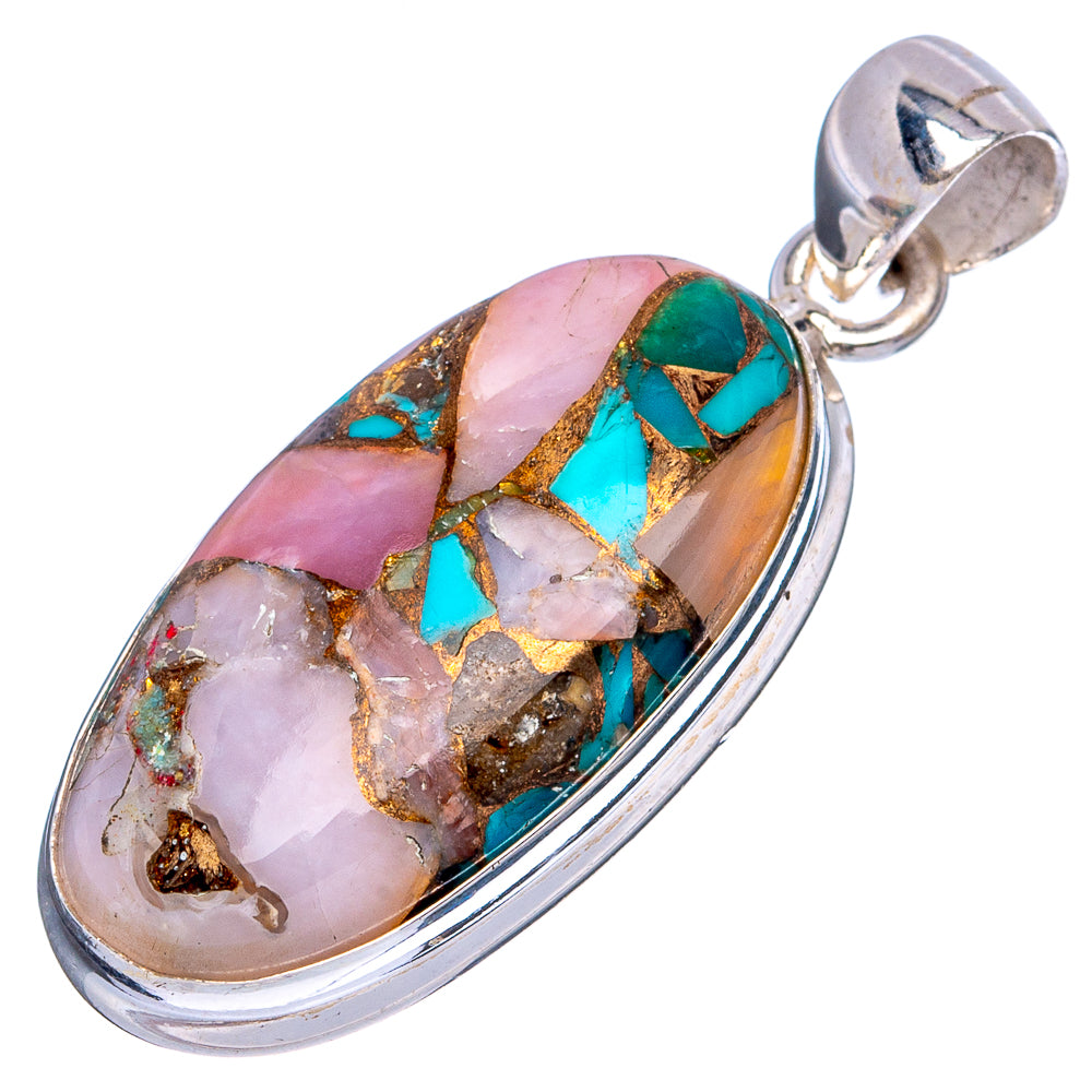 Copper Blue Turquoise Pink Opal Pendant 1 3/8" (925 Sterling Silver) P43505