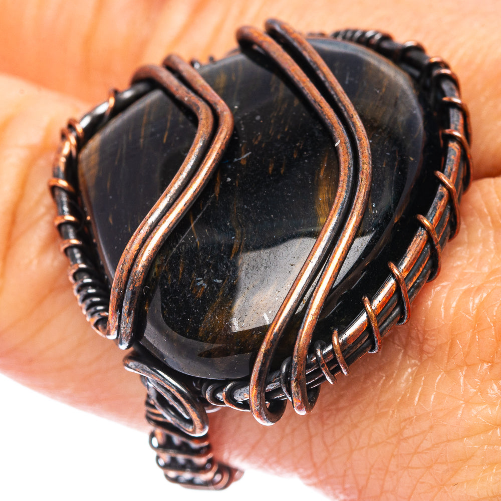Blue Tiger's Eye Wire Wrap Ring Size 9.5 (Oxidized Copper)