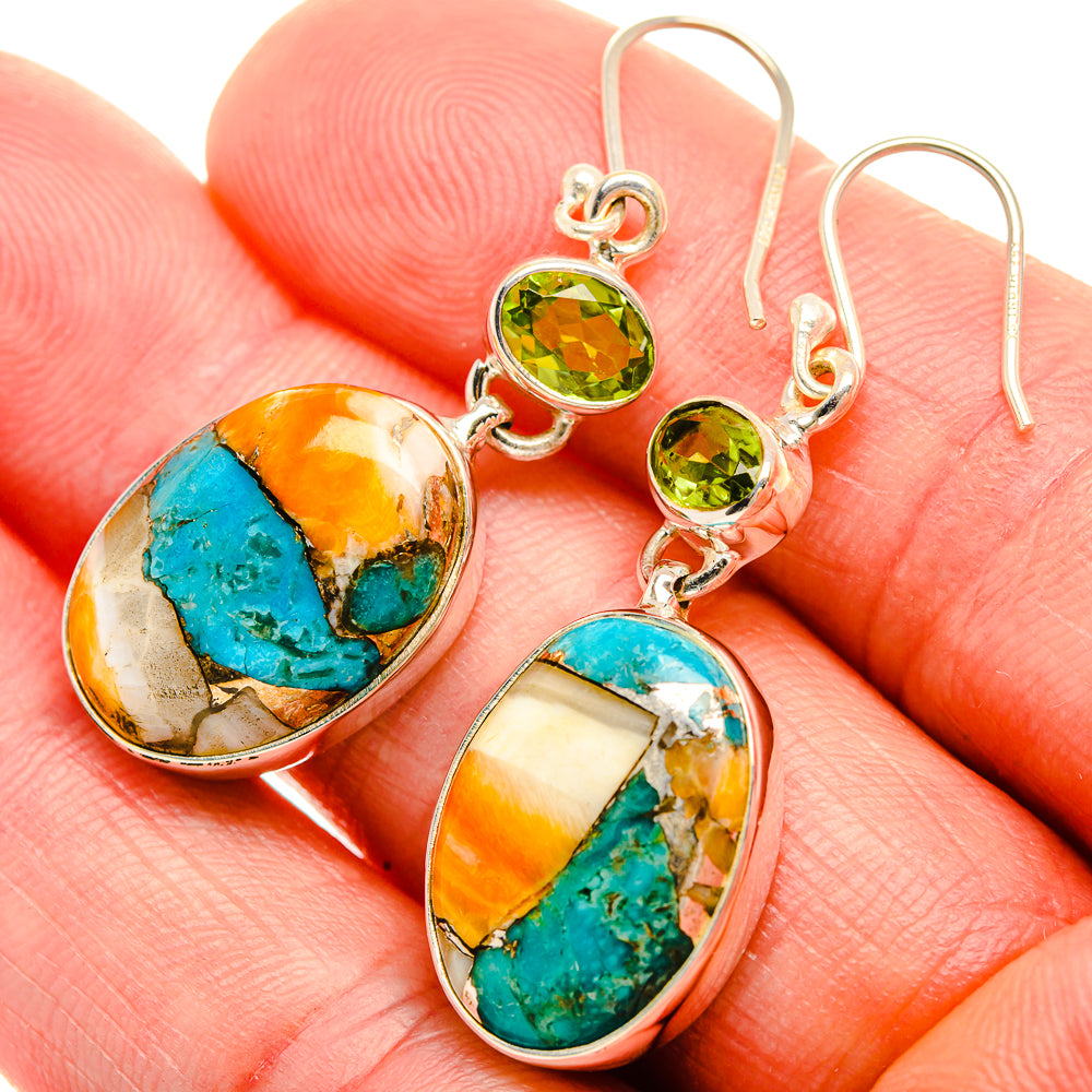 Spiny Oyster Turquoise, Peridot Earrings 1 3/4" (925 Sterling Silver) EARR432060