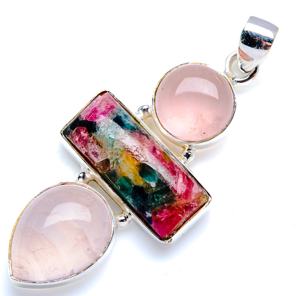 Natural Tourmaline, Rose Quartz 925 Sterling Silver Pendant 2" (925 Sterling Silver) PD38309