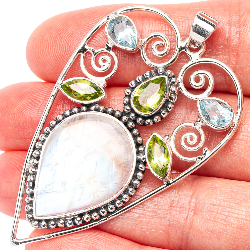 Signature Rainbow Moonstone Heart, Peridot, Blue Topaz Pendant 2 1/4" (.925 Sterling Silver)