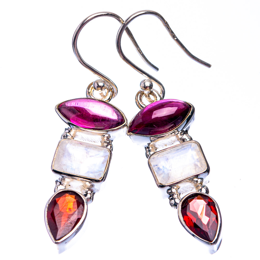 Rainbow Moonstone, Garnet, Pink Quartz Earrings 1 1/2" (925 Sterling Silver) E432381