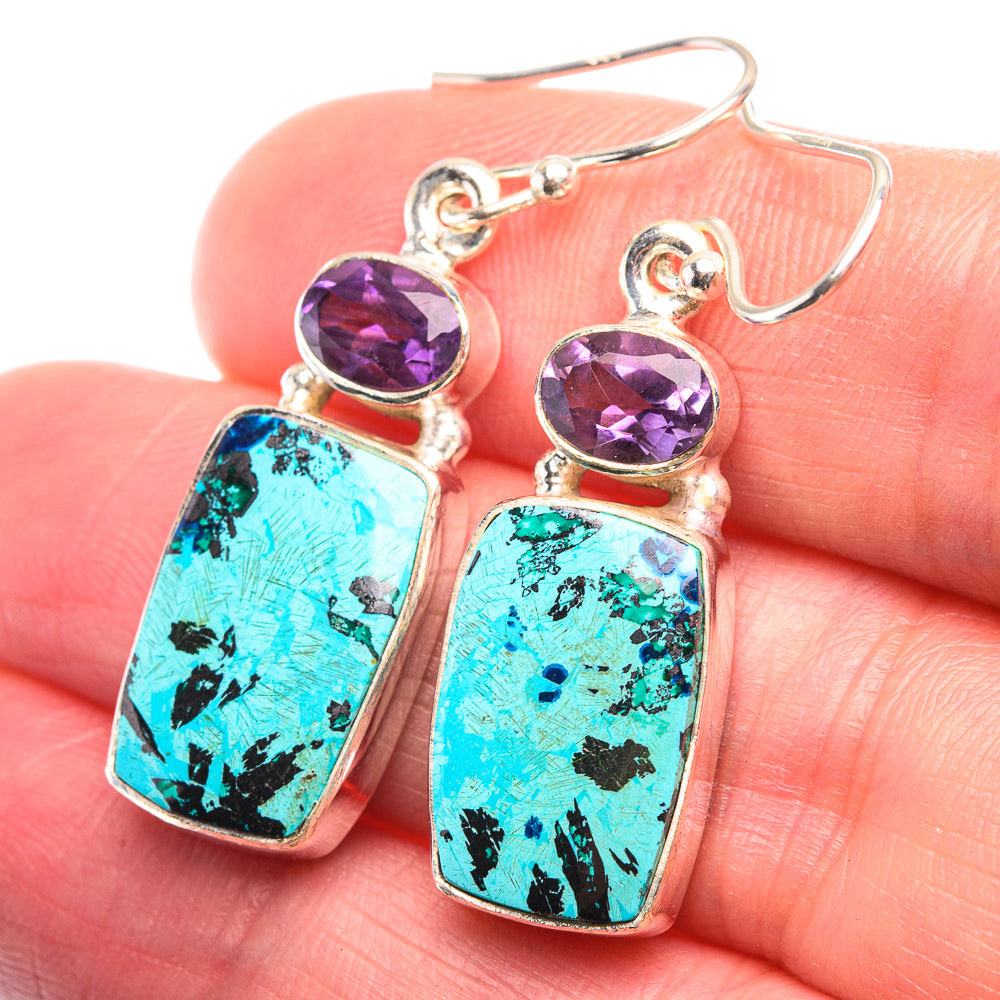 Shattuckite, Amethyst Earrings 1 1/2" (925 Sterling Silver) EARR432165