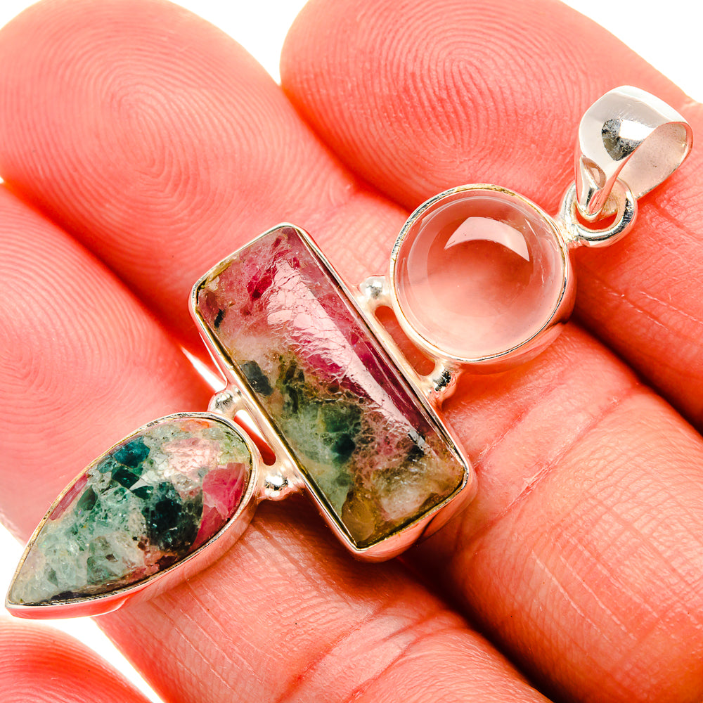 Natural Tourmaline, Rose Quartz Pendant 2" (925 Sterling Silver) PD38263