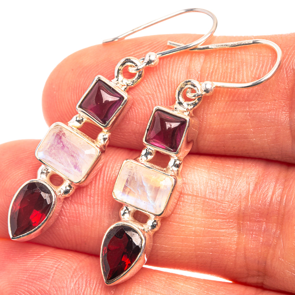 Rainbow Moonstone, Garnet Earrings 1 5/8" (925 Sterling Silver) E432422