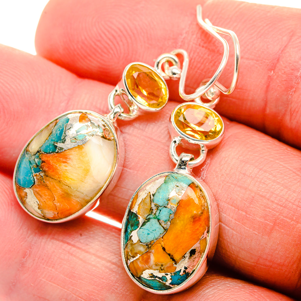 Spiny Oyster Turquoise, Citrine Earrings 1 3/4" (925 Sterling Silver) EARR432098