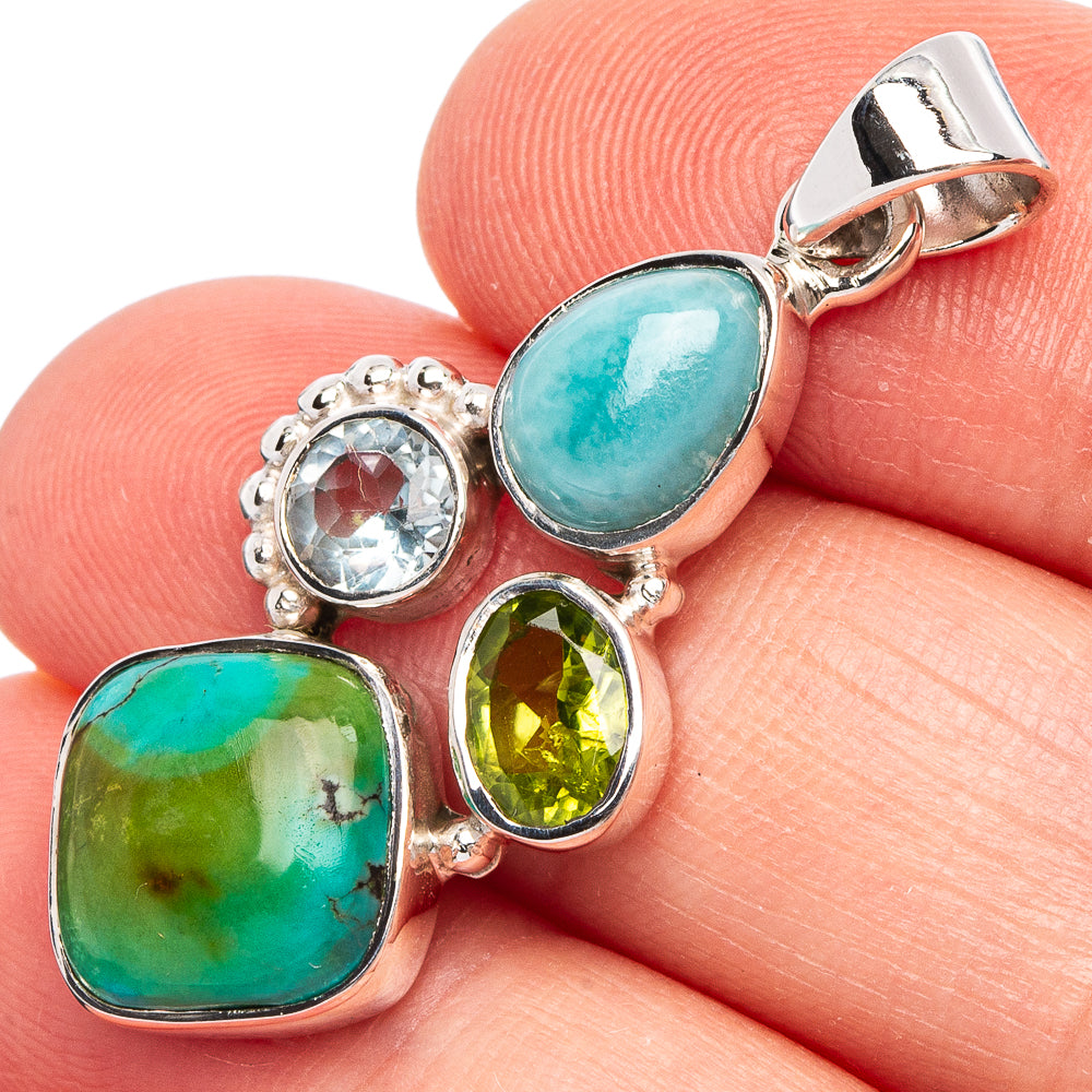Tibetan Turquoise, Larimar, Peridot, Blue Topaz 925 Sterling Silver Premium Pendants 1 1/2" (925 Sterling Silver) P43760