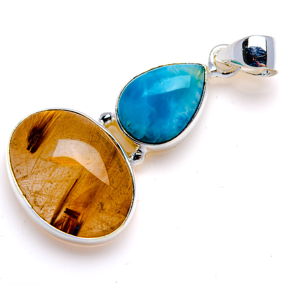 Rutilated Quartz, Larimar Pendant 1 3/4" (925 Sterling Silver) PD38096