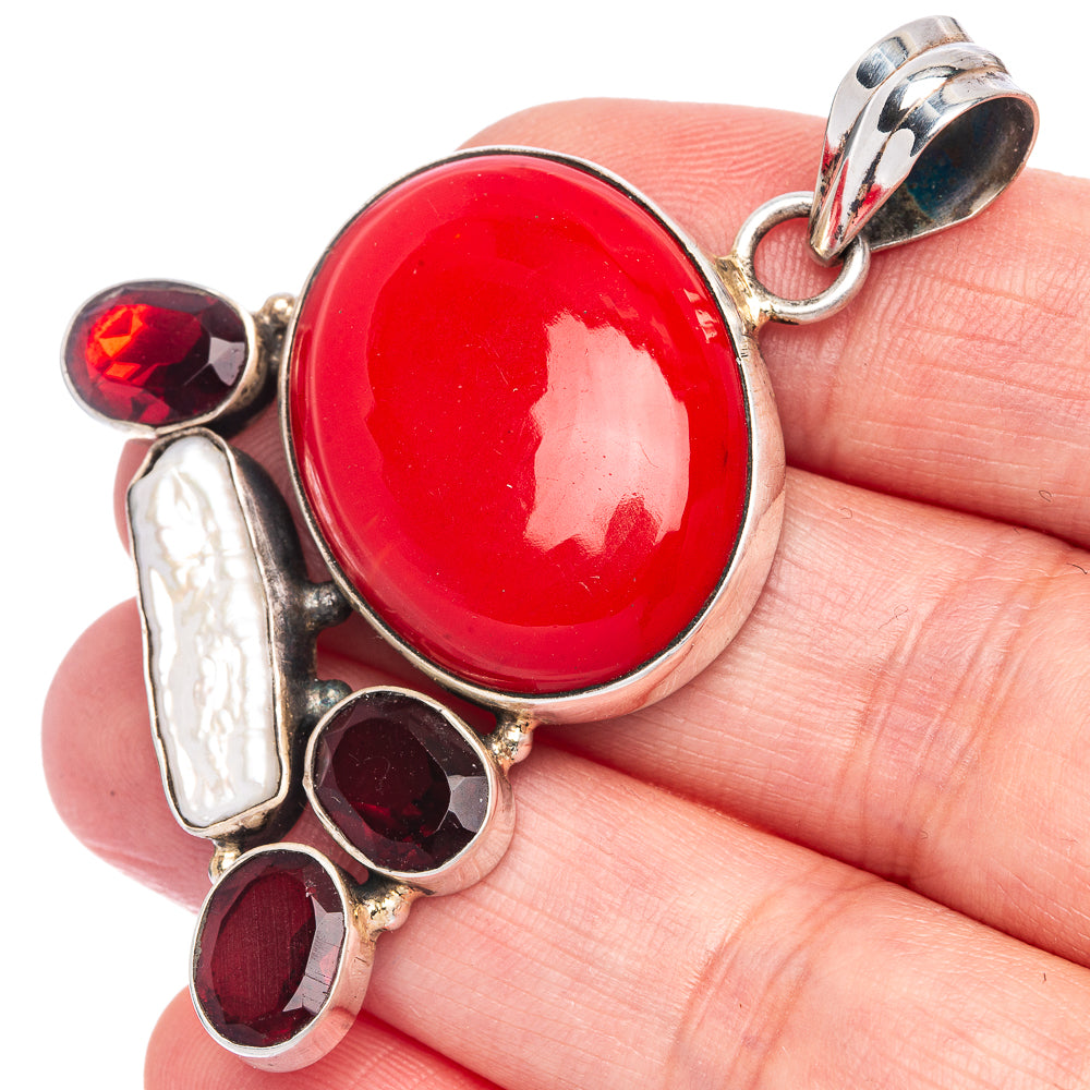 Red Onyx, Mother Of Pearl Pendant 2 1/4" (925 Sterling Silver) P40060