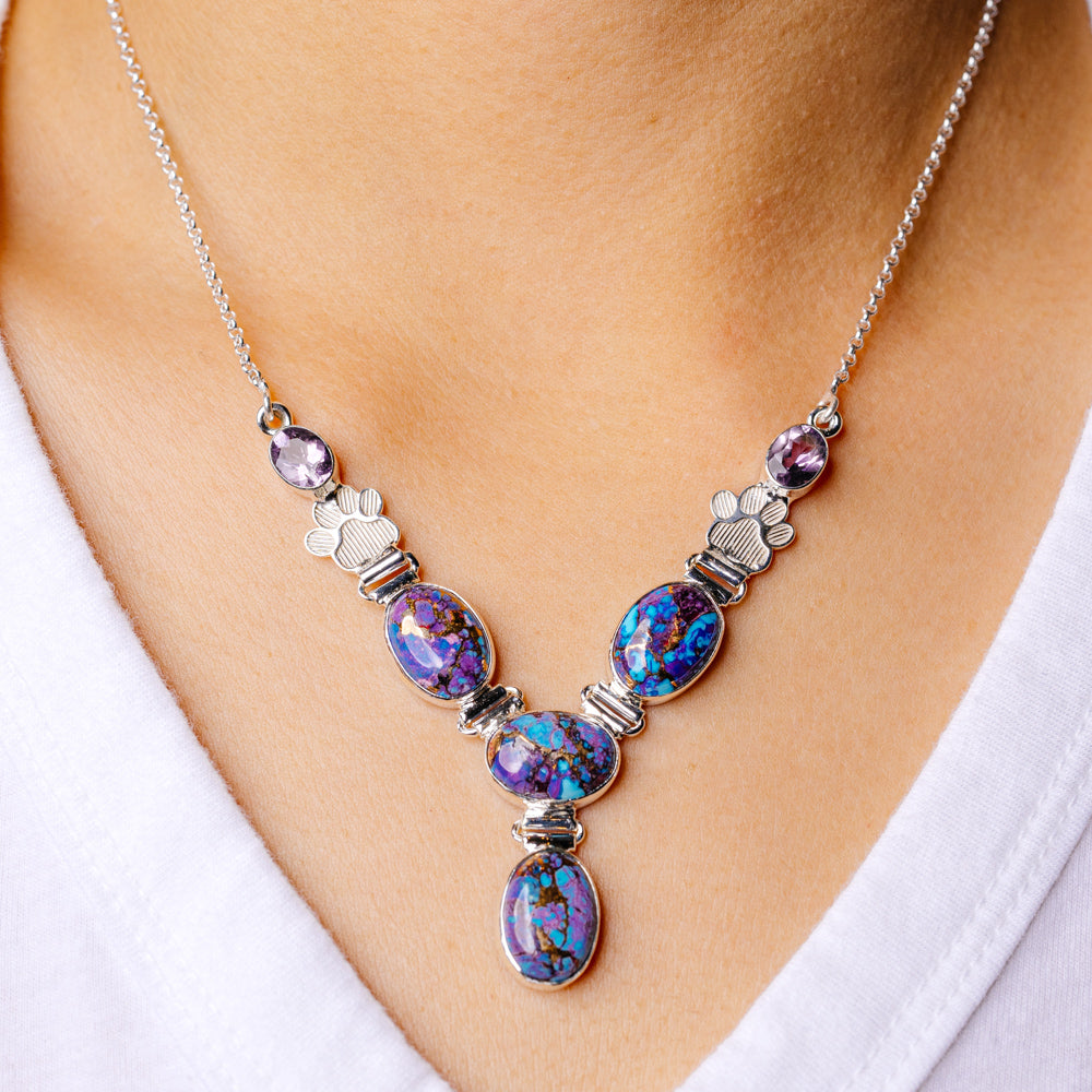 Purple Copper Turquoise Paw Necklace 17 1/8 To 19 1/4" (925 Sterling Silver) N90100