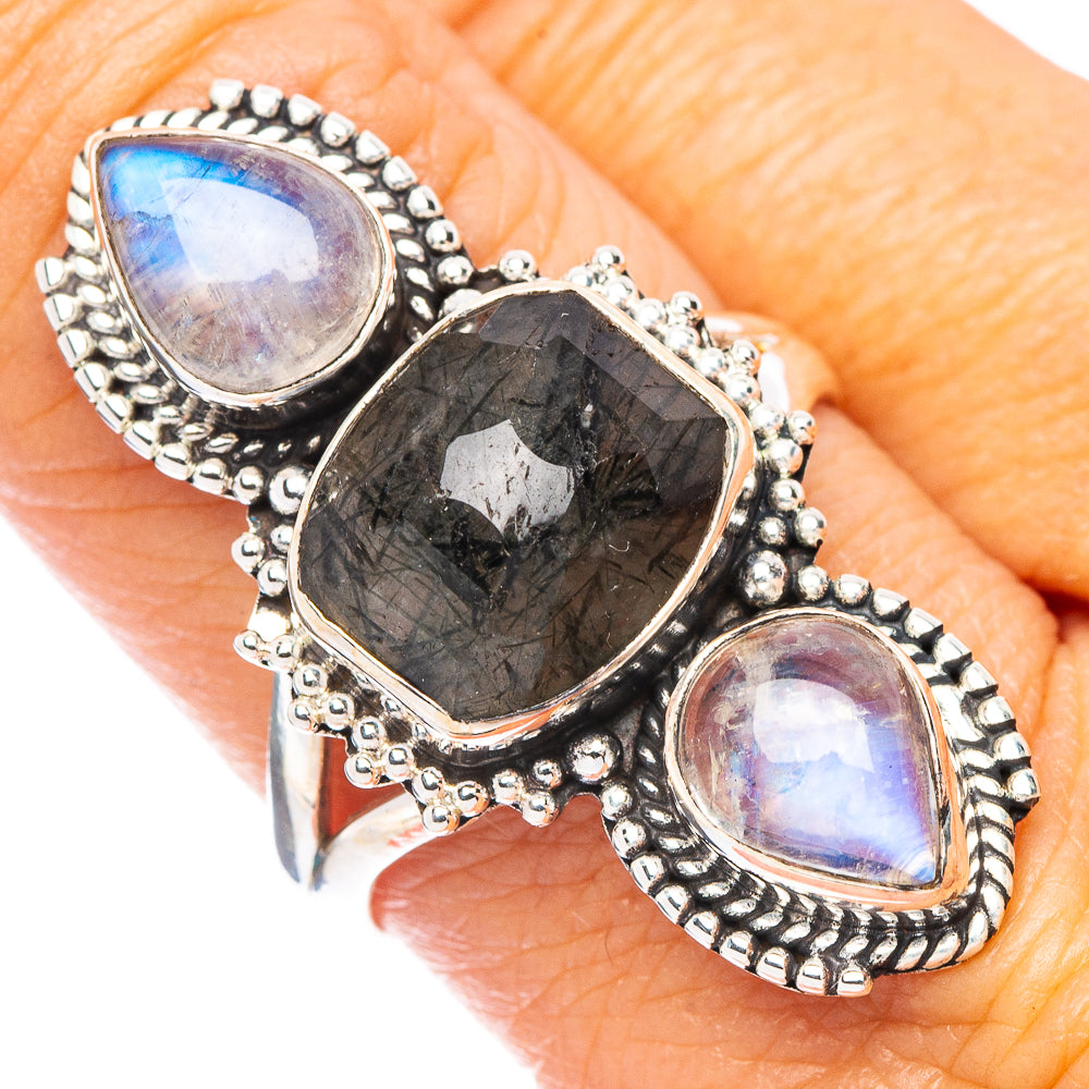 Tourmalinated Quartz, Rainbow Moonstone Ring Size 9 (925 Sterling Silver) R7088