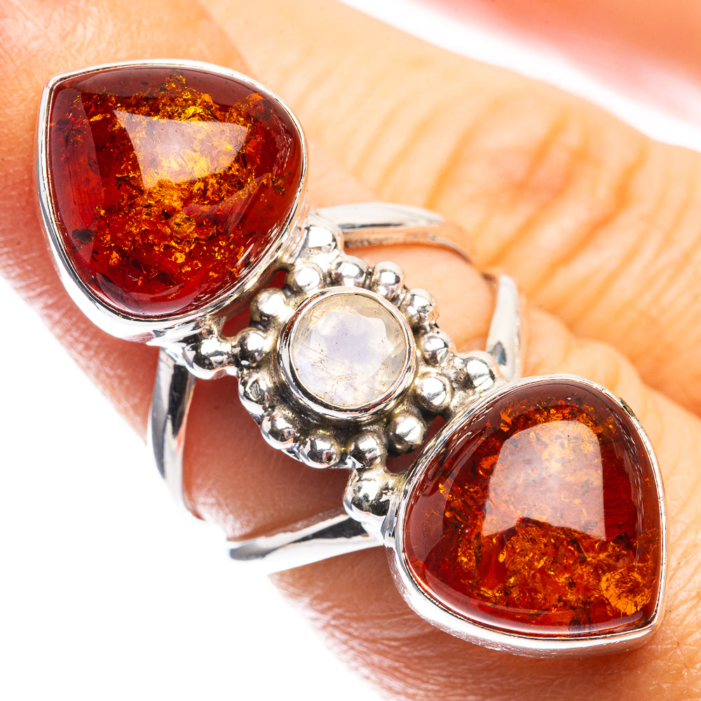 Large Baltic Amber, Rainbow Moonstone Ring Size 6 (925 Sterling Silver) R142474