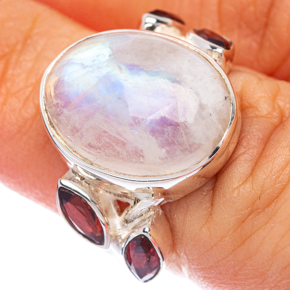 Rainbow Moonstone, Garnet Ring Size 6 (925 Sterling Silver) R144740