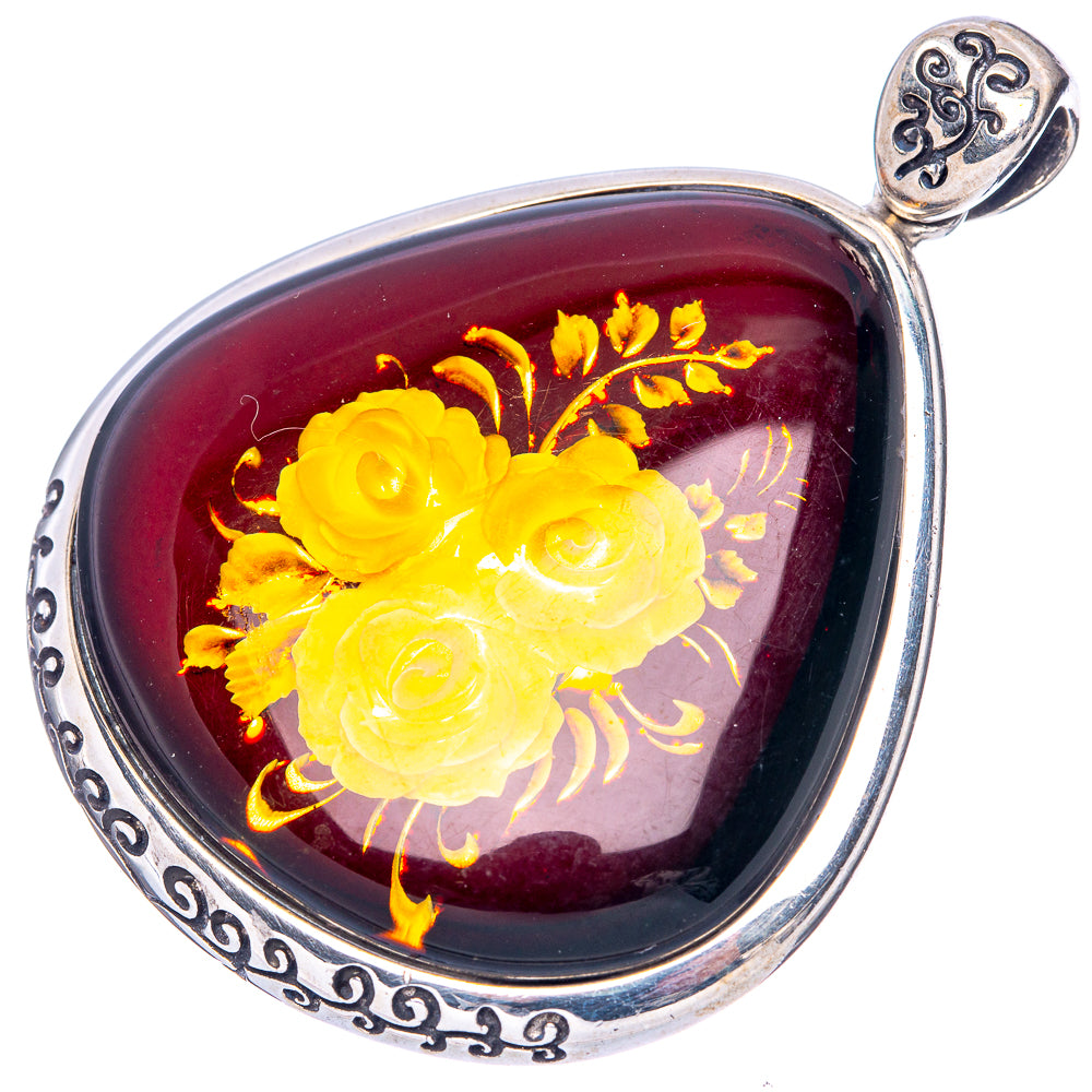 Amber Intaglio Rose Pendant 2 1/8" (925 Sterling Silver) P42588