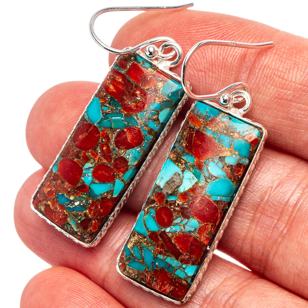 Coral Turquoise Matrix Earrings 1 5/8" (.925 Sterling Silver)