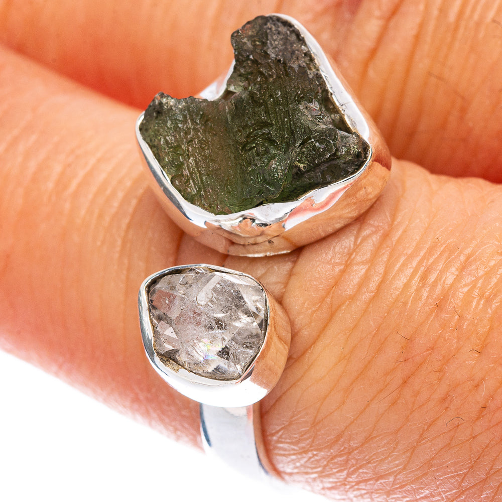 Rare Czech Moldavite, Herkimer Diamond Ring Size 7 (925 Sterling Silver) R146612
