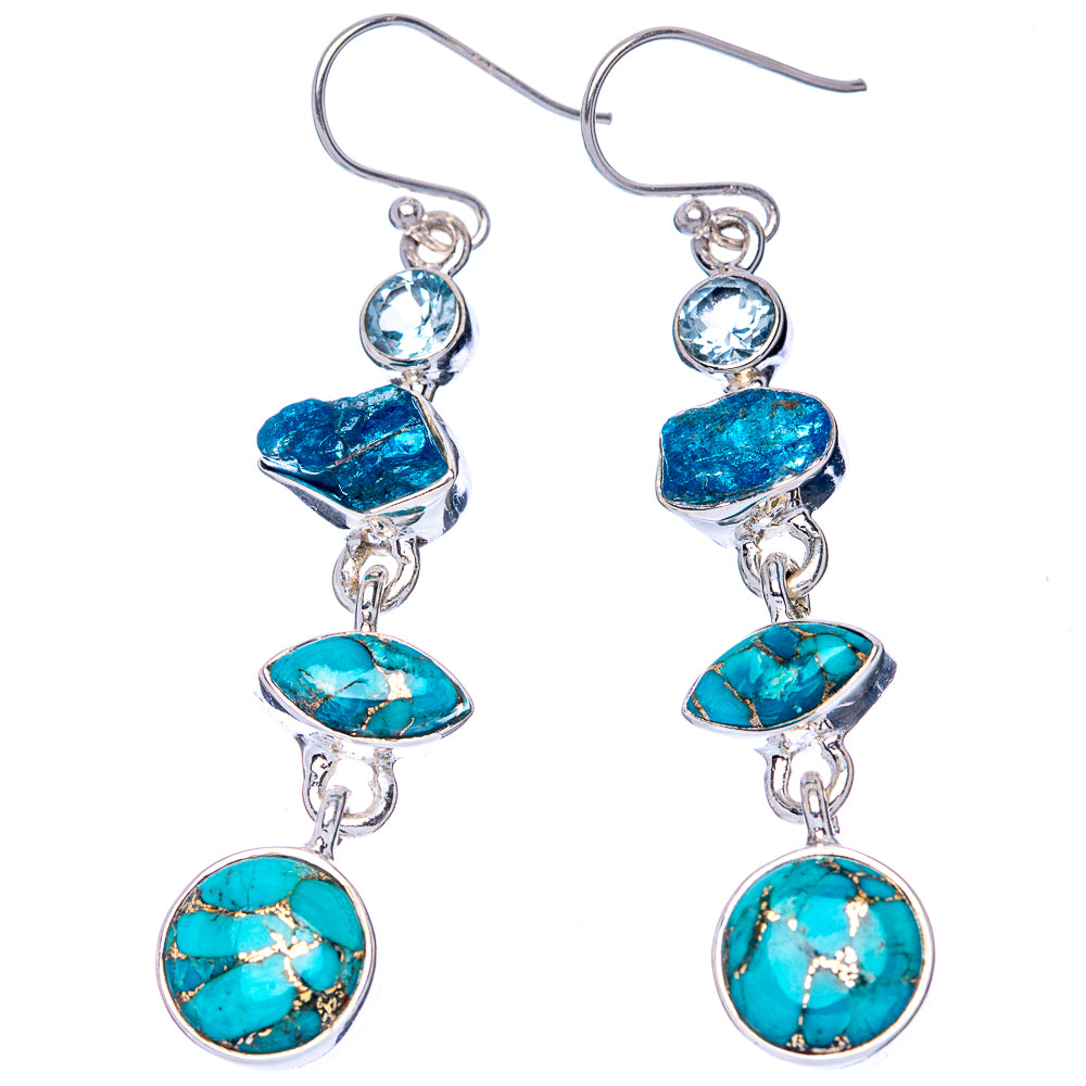 Premium Blue Copper Composite Turquoise, Apatite, Blue Topaz Earrings 2 1/4" (925 Sterling Silver) E1267