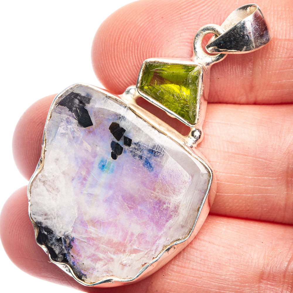 Raw Rainbow Moonstone, Peridot Pendant 1 3/4" (925 Sterling Silver) P39170