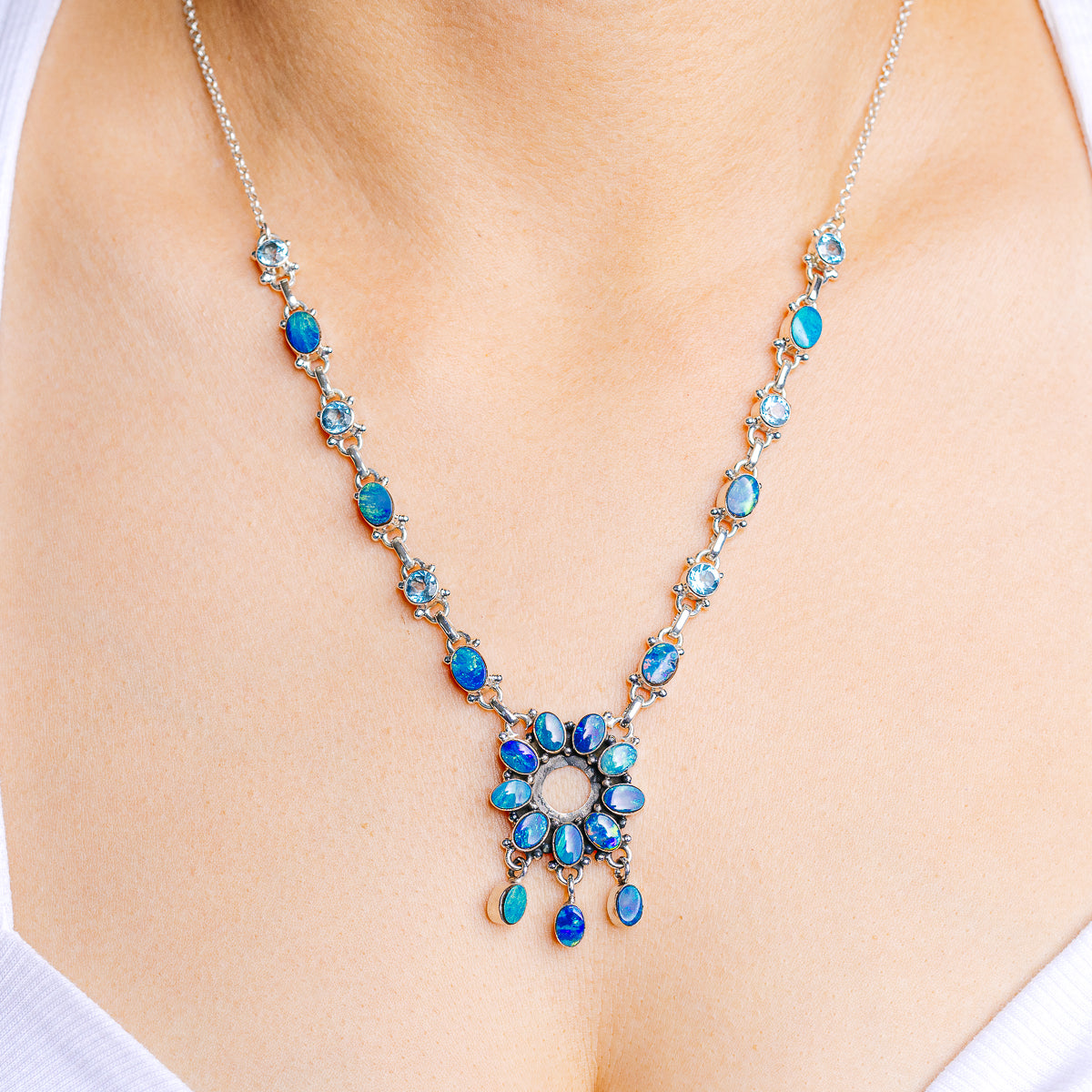 Doublet Opal, Blue Topaz Necklace 18 to 19" (.925 Sterling Silver)