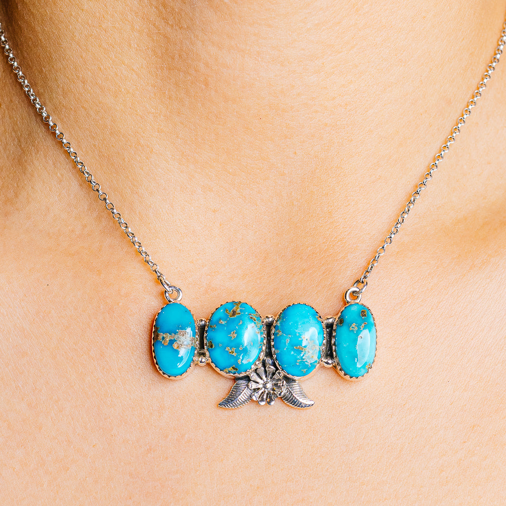Sonoran South Hill Turquoise Native Style Necklace 16 to 18" (.925 Sterling Silver)