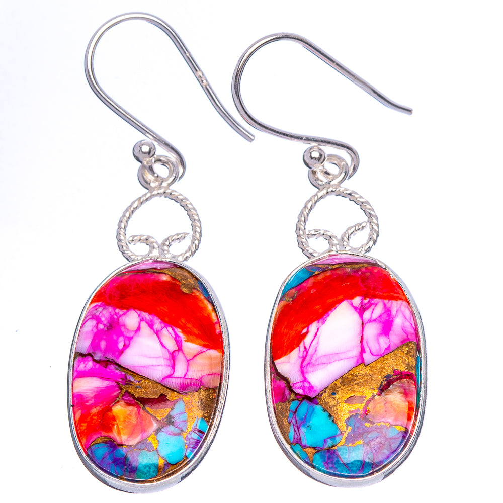 Kingman Pink Dahlia Turquoise Earrings 1 3/4" (925 Sterling Silver) E1903