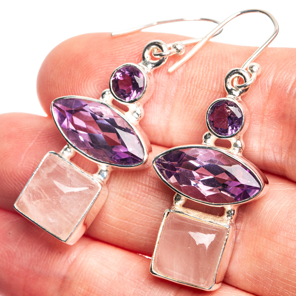 Rose Quartz, Amethyst Earrings 1 3/4" (925 Sterling Silver) E432777