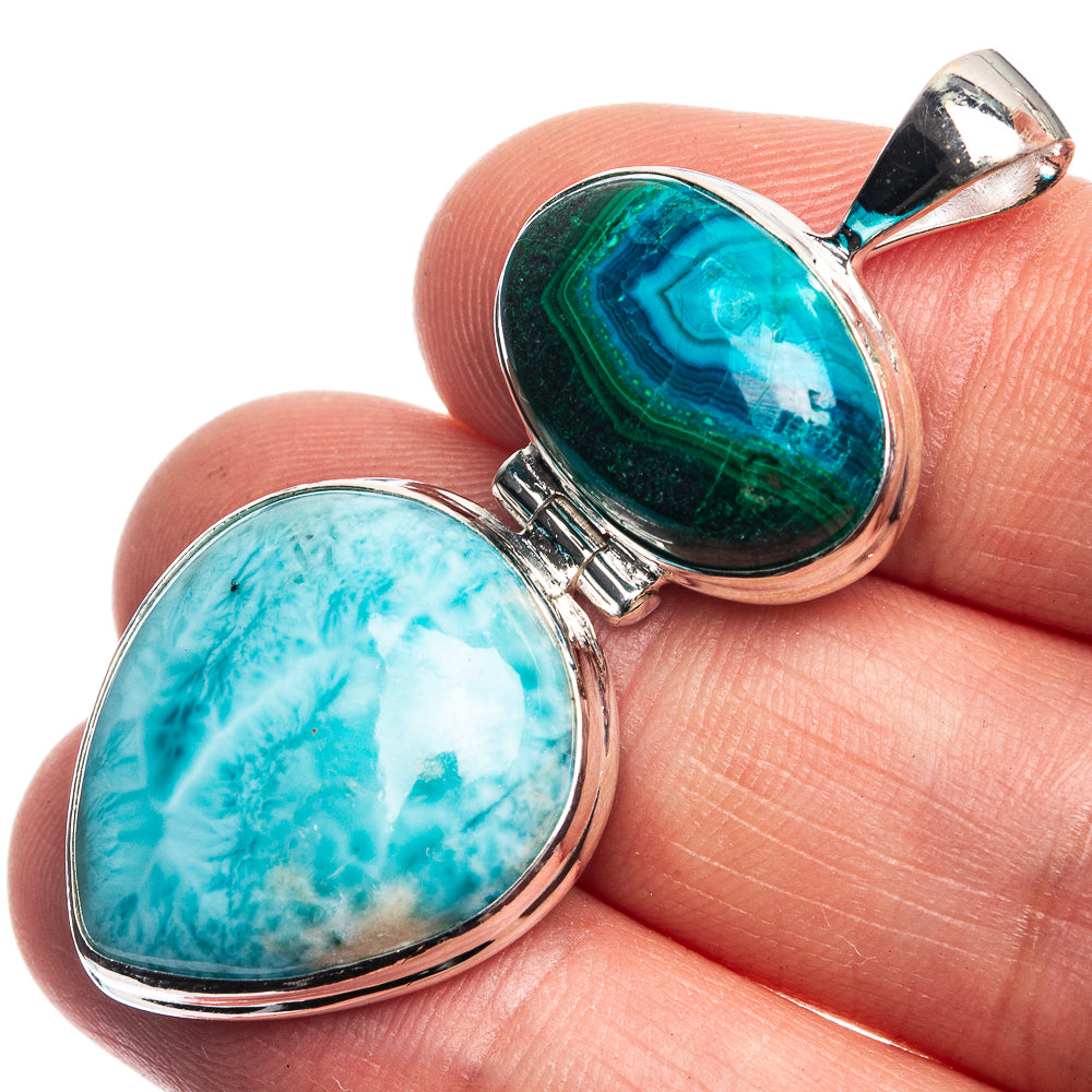 Larimar, Malachite In Chrysocolla Pendant 1 7/8" (925 Sterling Silver) P39181