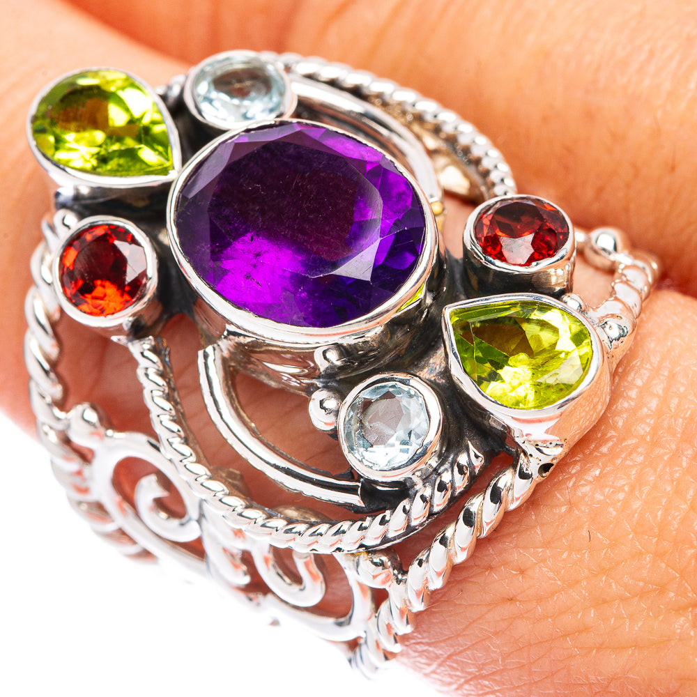 Signature Faceted Amethyst, Peridot, Garnet, Blue Topaz Ring Size 8.75 (925 Sterling Silver) R1786