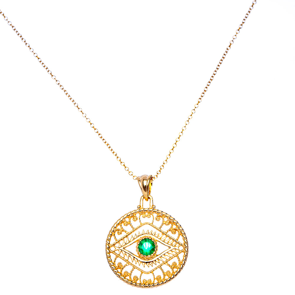Gold Plated Green Onyx Eye Necklace 18" (925 Sterling Silver) N90083