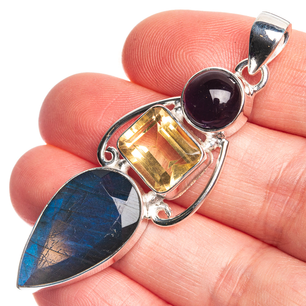 Labradorite, Citrine, Amethyst 925 Sterling Silver Pendant 2 1/4"