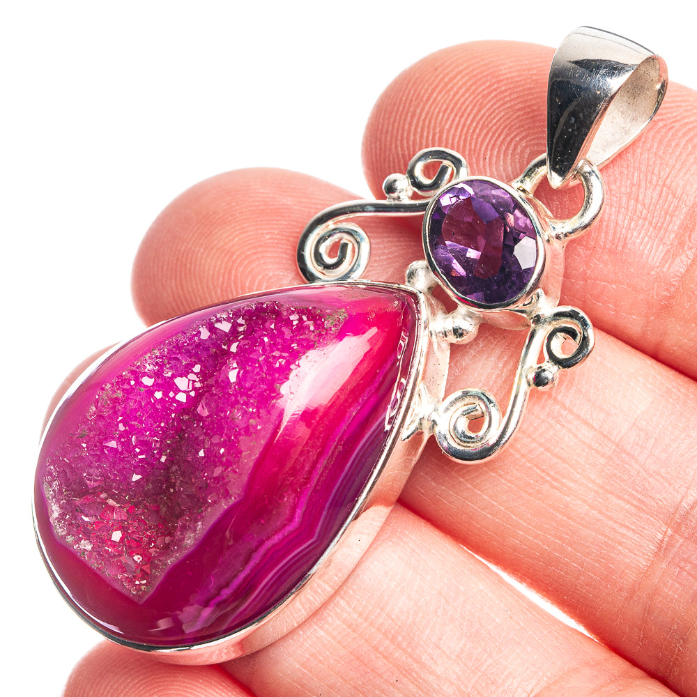 Pink Druzy, Amethyst 925 Sterling Silver Pendant 1 7/8"