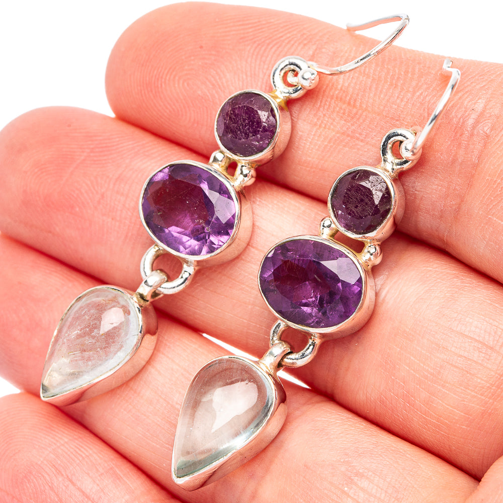 Faceted Amethyst, Aquamarine 925 Sterling Silver Earrings 2 1/8" (925 Sterling Silver) E2173