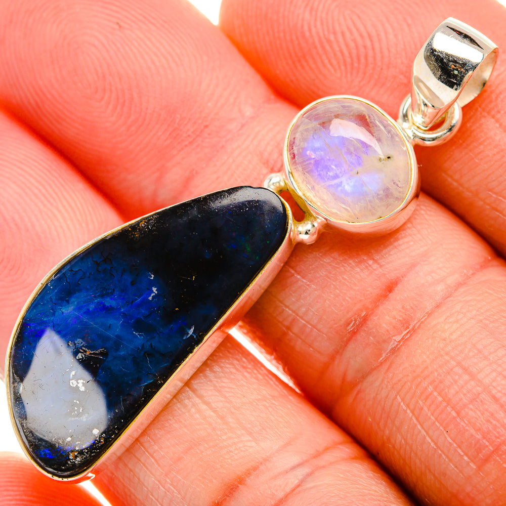Boulder Opal, Rainbow Moonstone 925 Sterling Silver Pendant 2" (925 Sterling Silver) PD38418