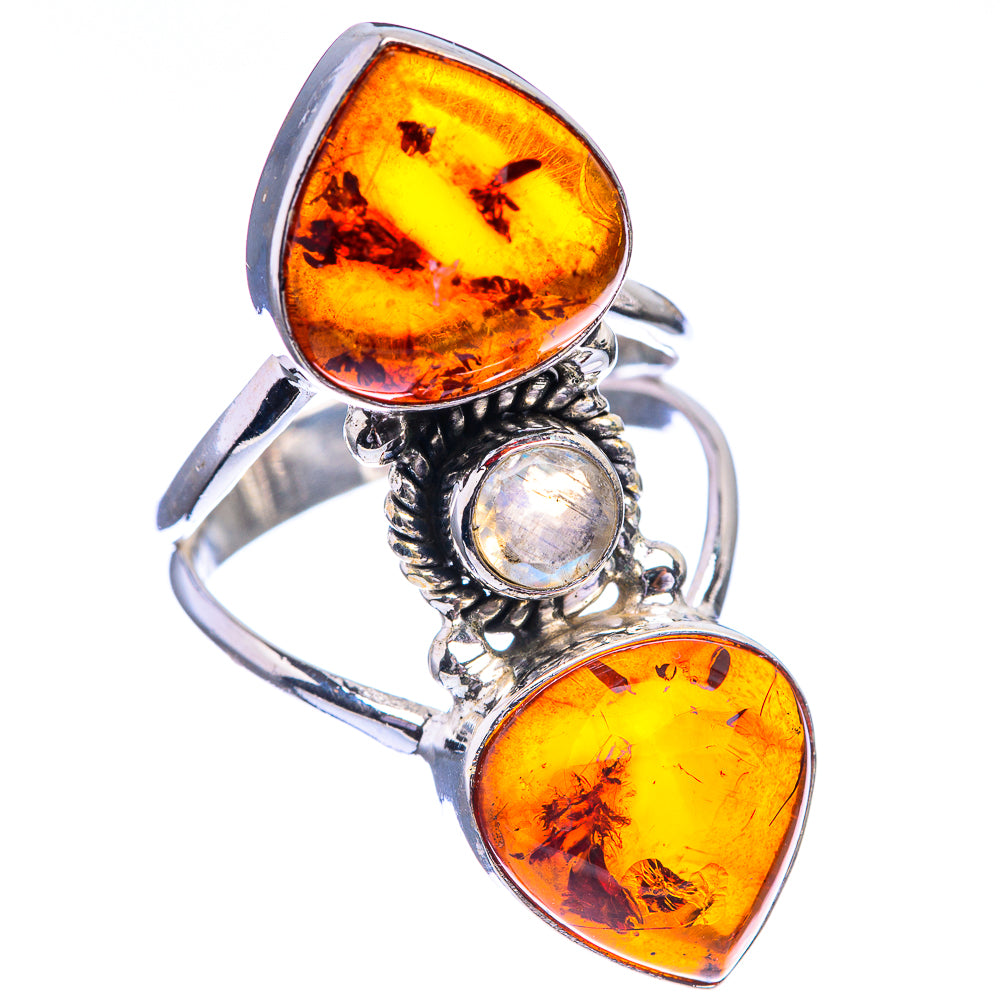 Baltic Amber, Rainbow Moonstone Ring Size 7.75 (925 Sterling Silver) R142061