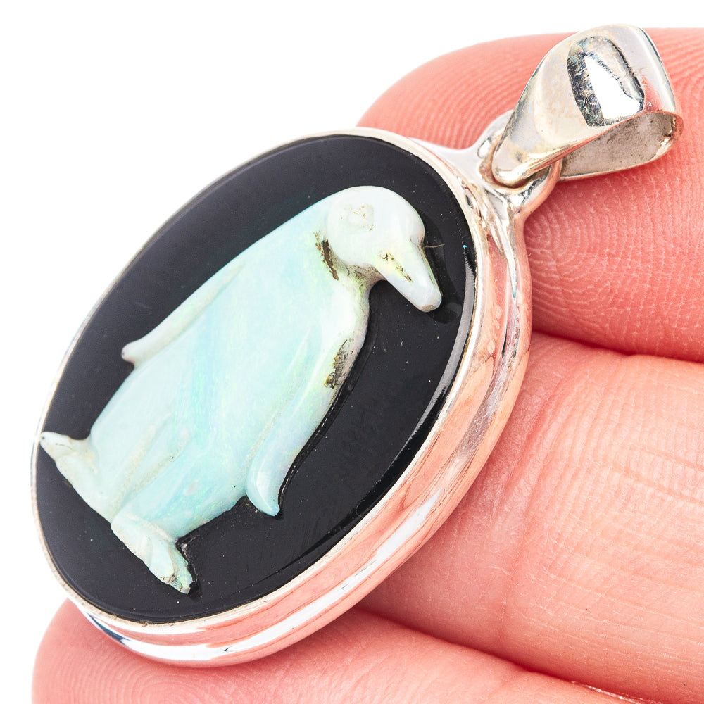 Carved Opal Penguin Cameo On Black Onyx Pendant 1 3/8" (925 Sterling Silver) P44624