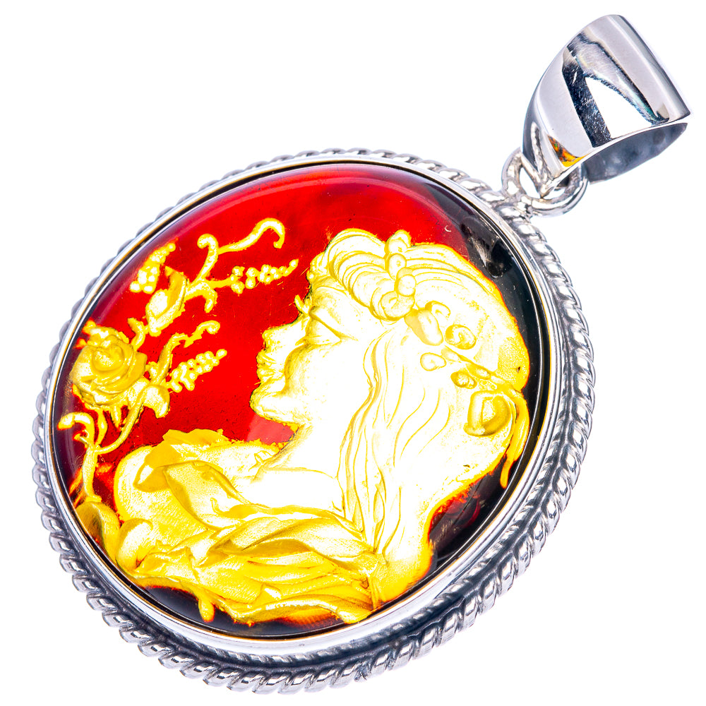 Amber Intaglio Lady Pendant 1 3/4" (925 Sterling Silver) P42581