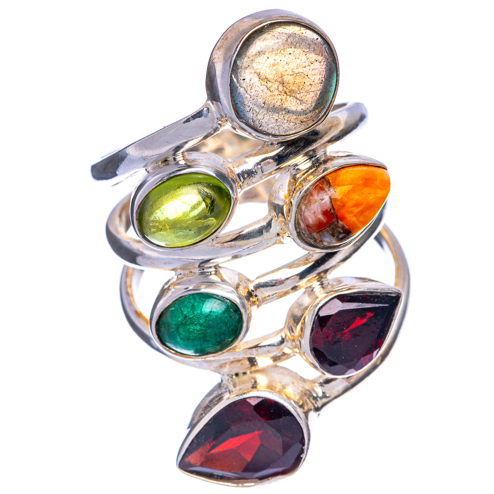 Large Labradorite, Garnet, Emerald, Peridot, Orange Copper Composite Turquoise Ring Size 8.75 (925 Sterling Silver) R145305