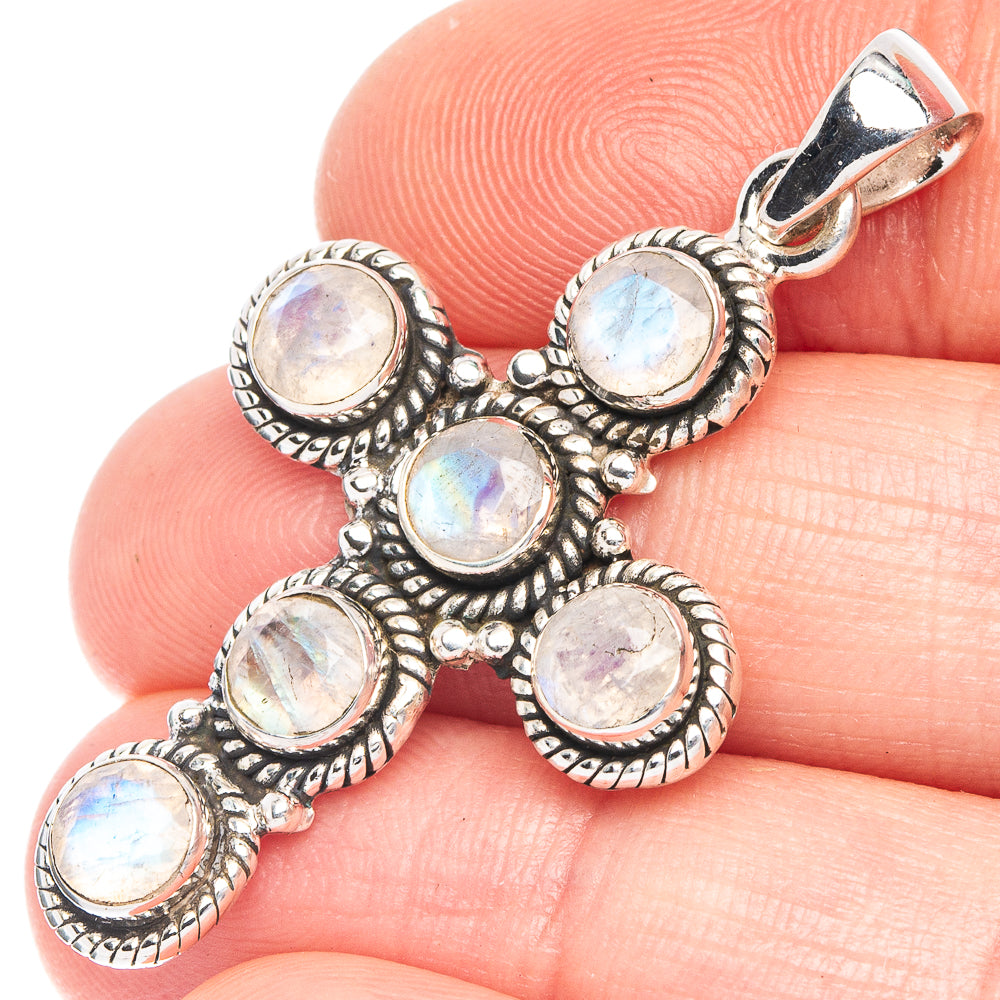 Rainbow Moonstone Cross Pendant 1 3/4" (925 Sterling Silver) P43958