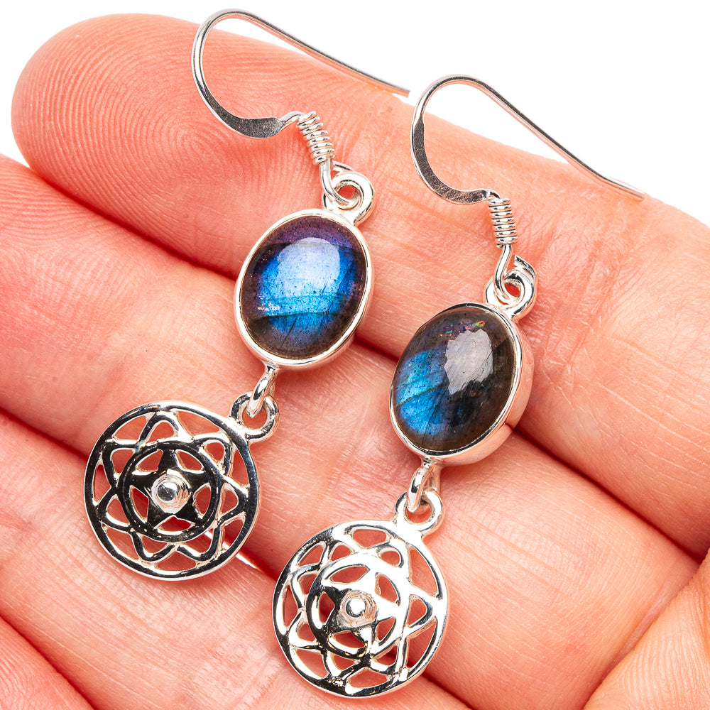 Labradorite Flower 925 Sterling Silver Premium Earrings 1 5/8" (925 Sterling Silver) E2262
