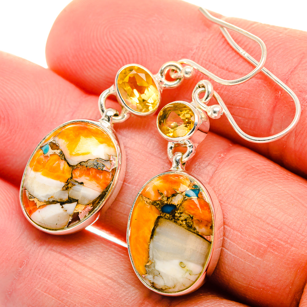 Spiny Oyster Turquoise, Citrine Earrings 1 3/4" (925 Sterling Silver) EARR432119