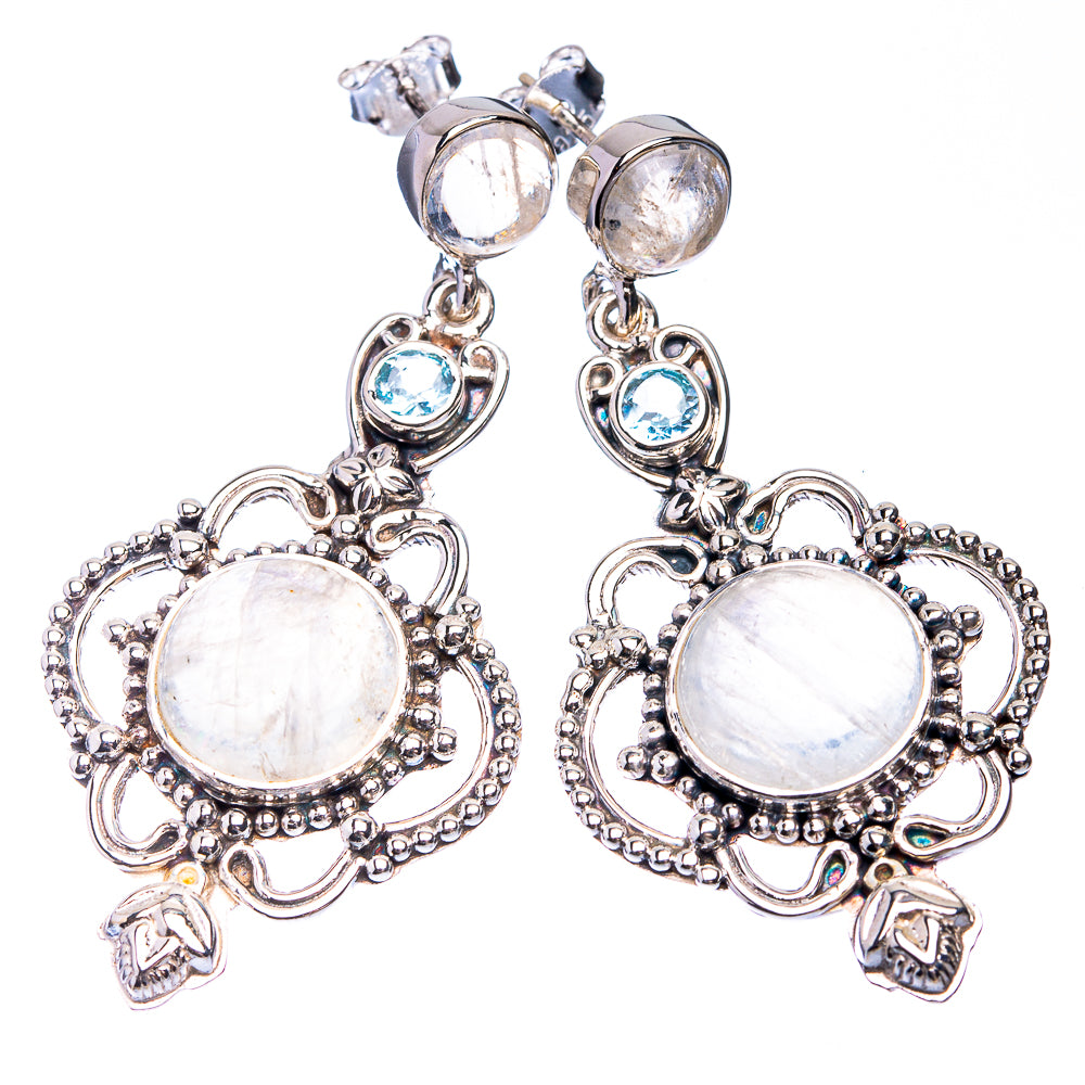 Signature Rainbow Moonstone, Blue Topaz Earrings 2" (925 Sterling Silver) E432328