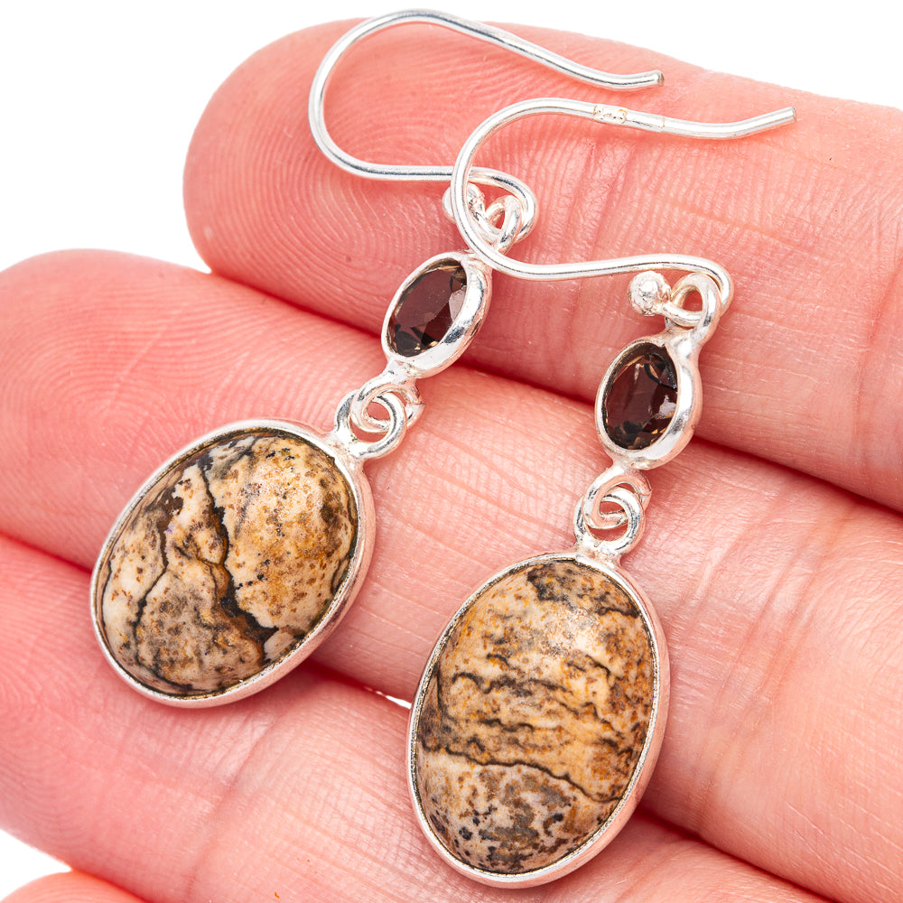 Picture Jasper, Smoky Quartz Earrings 1 5/8" (925 Sterling Silver) E433304